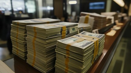 Fototapeta premium A close-up shot of three stacks of US $100 bills, symbolizing wealth, success, financial stability, prosperity, and abundance.