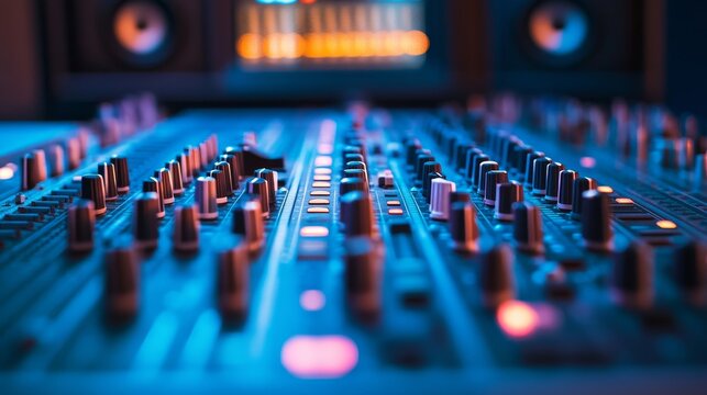 A close-up view of a professional sound mixer console, showcasing the intricate details of the knobs and buttons. The image captures the essence of audio engineering and music production.