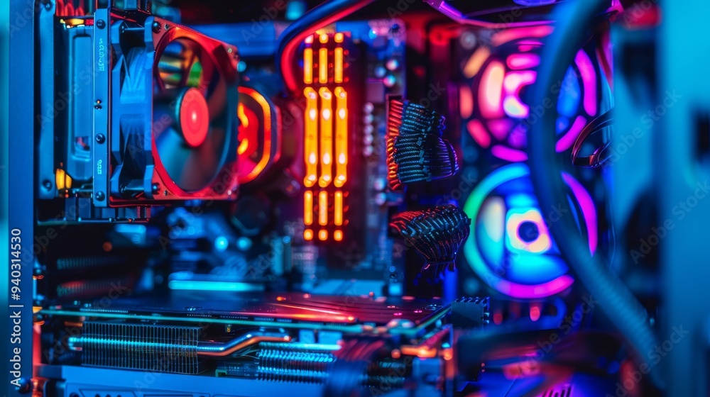 Poster high-performance desktop pc with open hardware featuring circuit board and internal led rgb lights, 