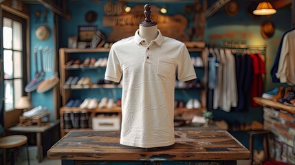 Fototapeta premium Mock up of polo shirt in shop, displayed on mannequin, shop background with clothes rack