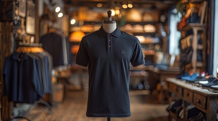 Fototapeta premium Mock up of polo shirt in shop, displayed on mannequin, shop background with clothes rack