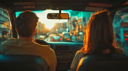 A couple enjoys a scenic drive in the city during sunset, reflecting warmth, companionship, urban exploration, freedom, and adventure.
