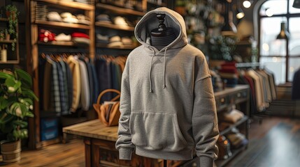 mock up of plain hoodie in shop displayed on mannequin, mannequin standing in front of clothes rack