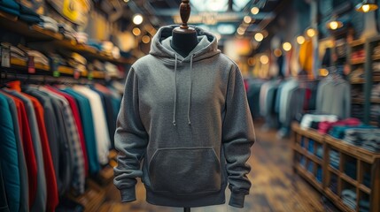 Fototapeta premium mock up of plain hoodie in shop displayed on mannequin, mannequin standing in front of clothes rack