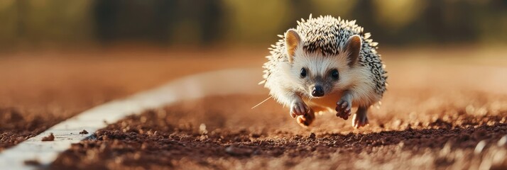 Obraz premium A cute hedgehog runs across a track, symbolizing perseverance, determination, speed, and the pursuit of goals. This image is ideal for projects emphasizing nature, wildlife, and the beauty of animals.