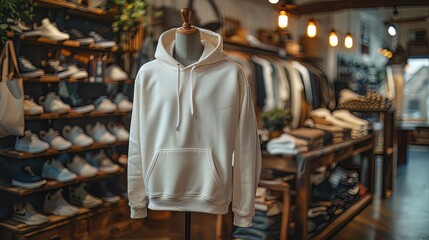 Fototapeta premium mock up of plain hoodie in shop displayed on mannequin, mannequin standing in front of clothes rack