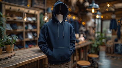Obraz premium mock up of plain hoodie in shop displayed on mannequin, mannequin standing in front of clothes rack