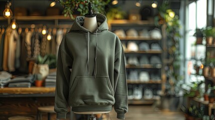 Fototapeta premium mock up of plain hoodie in shop displayed on mannequin, mannequin standing in front of clothes rack