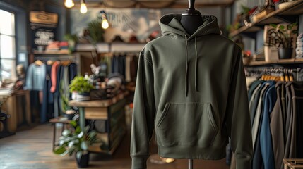 Fototapeta premium mock up of plain hoodie in shop displayed on mannequin, mannequin standing in front of clothes rack