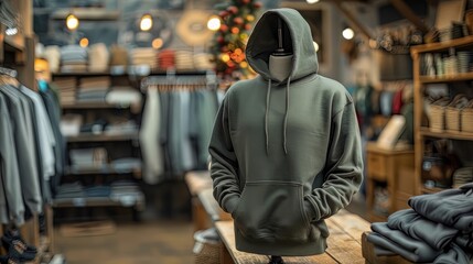 Fototapeta premium mock up of plain hoodie in shop displayed on mannequin, mannequin standing in front of clothes rack