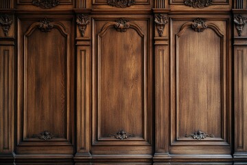 Classic cabinet wall of brown wood panels wallpaper, ai