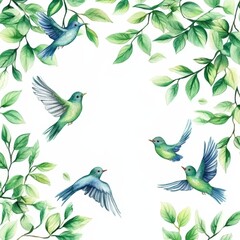 Obraz premium Watercolor Birds and Foliage Frame, Watercolor , Birds, Foliage, Frame