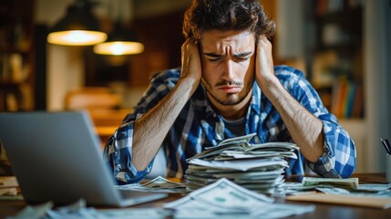 Obraz premium A Man Stressed Out Looking at a Stack of Unpaid Loan Bills with Scattered Dollar Bills Nearby, Conveying Financial Stress. Economic Hardship and the Burden of Debt.
