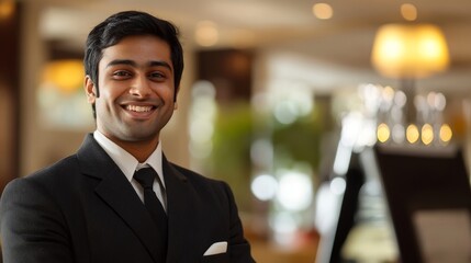 A friendly and professional Indian customer service representative dressed in a suit and tie, smiling warmly at the camera. He is standing in a professional setting, conveying a sense of trust and rel