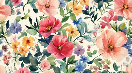 Watercolor Floral Pattern with Pink, Red, and Yellow Flowers, Seamless, Botanical, Watercolor, Pattern