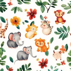 Naklejka premium Watercolor Jungle Animal Seamless Pattern, leaves, flowers, cute, kids, baby, jungle
