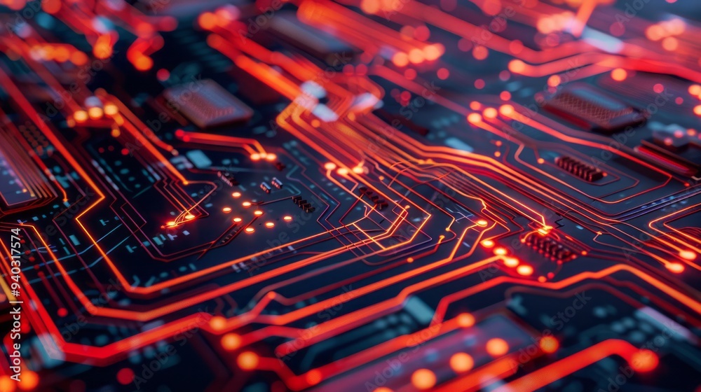 Poster detailed electronic circuit board featuring processor and blockchain technology elements, illustrati