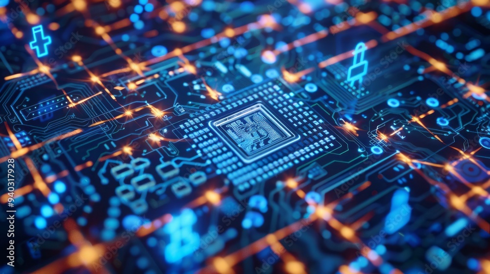 Poster detailed electronic circuit board featuring processor and blockchain technology elements, illustrati