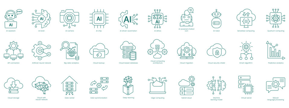 Comprehensive AI and Cloud Computing Vector Icons Set: AI Assistant, Brain, Camera, Chip, Automation, AI Ethics, Chatbot, AI Robot, Computing, Quantum vector icon set