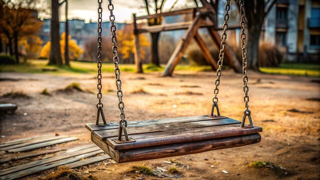 A solitary, scarred wooden swing hangs motionless in a deserted, worn-out playground, evoking a sense of abandonment and painful memories of a difficult past.