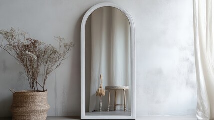 White Wall with Arched Mirror and Dried Flowers, interior design, minimalist, home decor, white walls, arched mirror, dried flowers