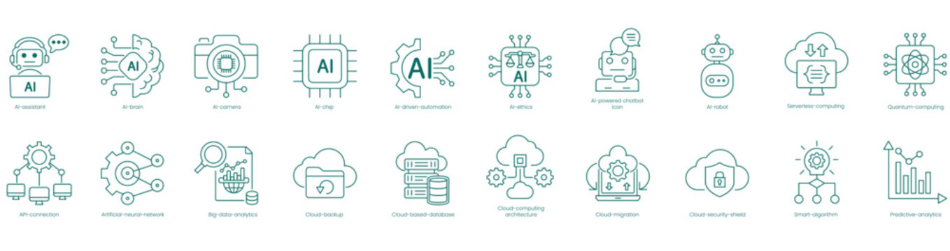 AI and Cloud Computing Vector Icons Set: AI Assistant, Brain, Camera, Chip, AI Driven Automation, AI Ethics, Chatbot, Robot, Serverless Computing, Quantum Computing vector icons