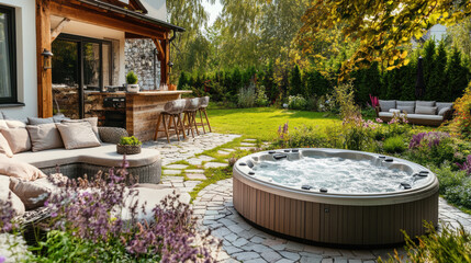 A picturesque backyard featuring a hot tub, outdoor seating area, and a well-manicured lawn, perfect for relaxation and outdoor gatherings in a tranquil setting.