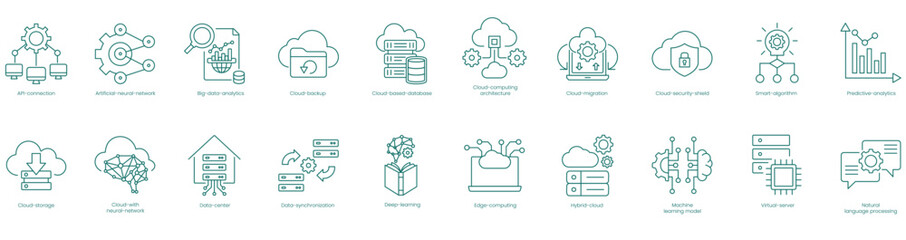 Comprehensive Cloud and AI Solutions Vector Icons Set: API Connection, Artificial Neural Networks, Big Data Analytics, Cloud Backup, Cloud-Based Automation, Cloud Computing Architecture vector icons