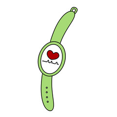 A green wristwatch with a heart on it