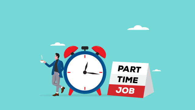 part time job design illustration, part-time online job opportunity, businessman standing while offering part time jobs with clock and banner