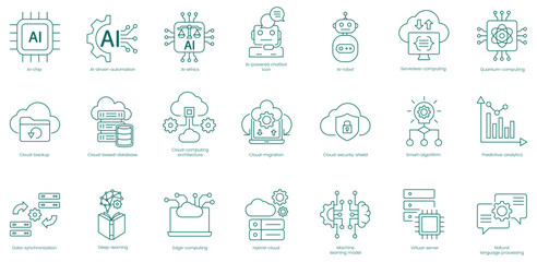AI and Cloud Computing Essentials Vector Icons Set: Brain, AI Chip, AI Ethics, AI Robot, Quantum Computing, Artificial Neural Network, Computing Architecture, Security Shield vector icon set