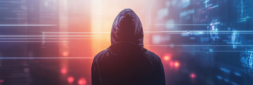 A lone ethical hacker stands amidst a digital landscape, representing the crucial role of cybersecurity professionals in safeguarding data and systems. Their skills are essential for protecting indivi