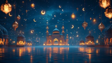 Crescent moons and lanterns light up Islamic architecture under a starry night sky, evoking a magical and spiritual atmosphere.