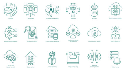 AI and Cloud Computing Comprehensive Vector Icons Set:  Brain, AI Camera, Driven Automation, AI Ethics, AI Robot, Serverless Computing, Artificial Neural Network, Big Data Analytics vector icon set