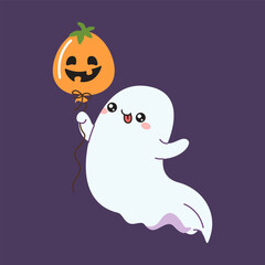 Childish ghost holding pumpkin air balloon flat color vector illustration. Cute phantom with Halloween decor character icon on purple background