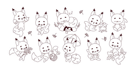 Line cartoon illustrations with squirrels in range of scenarios. Kawaii wild rodents n various activities presented on white background