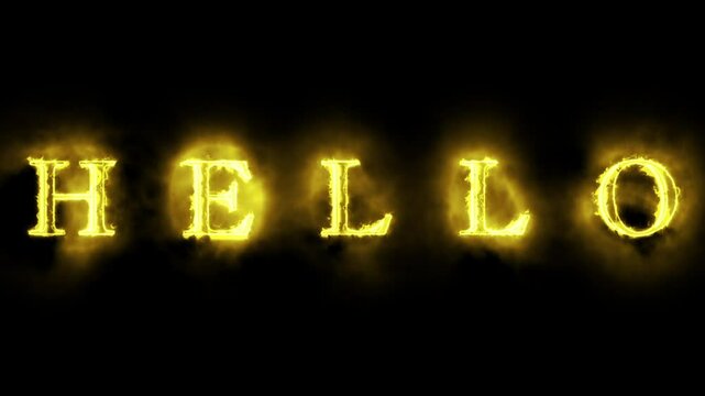 Animation of the word helo with a flaming saber effect in orange yellow on a black background