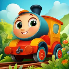 Friendly Cartoon Train on Tracks in a Forest