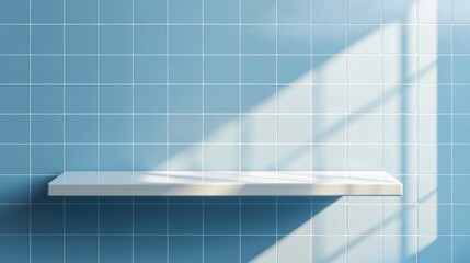  White shelf on blue tile wall with shadow from window. Realistic 3d vector illustration of bathroom or kitchen interior with product podium. Display platform or showcase pedestal with ceramic plate,B