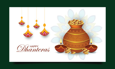 Happy Dhanteras festival card with golden coin pot and oil Diya