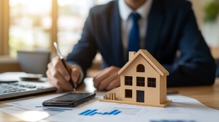 Fototapeta premium A real estate agent in a professional office setting, wearing a suit and tie, shows a small wooden model of a house to a potential client. The agent is focused on the model, suggesting professionalism