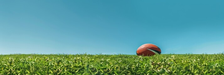 A rugby ball lays on a lush green grass field under a bright blue sky. This image symbolizes the start of a game, team spirit, and the excitement of competition. It's perfect for sports-related conten