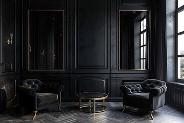 Classic black modern interior empty room with lounge armchairs, table and mirrors\