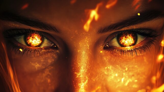 Fiery background with two eyes in double exposure, flames reflecting within the pupils, intense and dramatic mood, capturing the power of the fire