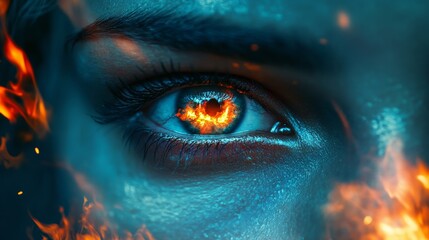 Two eyes in double exposure staring at a raging fire, reflections of flames in their gaze, intense and dramatic atmosphere, emotional impact