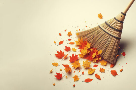 The broom covers the autumn leaves. Space for text.