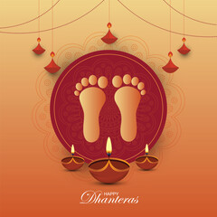 Shubh dhanteras wishes background with goddess charan and oil lamp