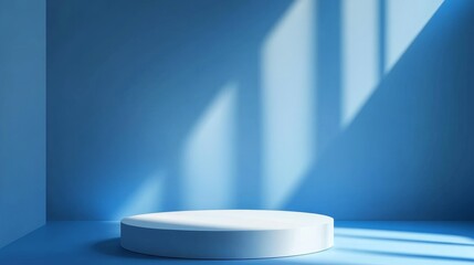 Obraz premium A simple yet elegant 3D rendering of a white podium set against a light blue background, illuminated by soft, natural sunlight filtering through a window. The scene evokes a sense of tranquility and s