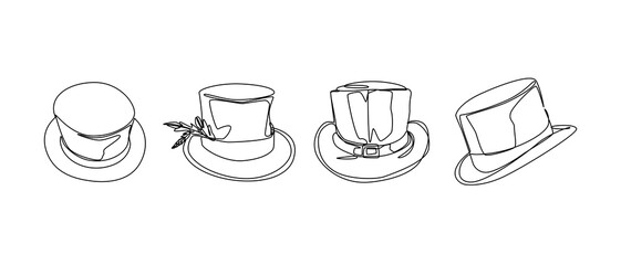 Set collection of top hat, magician cap. Editable line. Vector illustration.