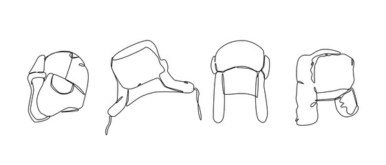 Set collection of winter trapper hat, earflaps cap, ushanka russian cap, fur hat. Editable line. Vector illustration.